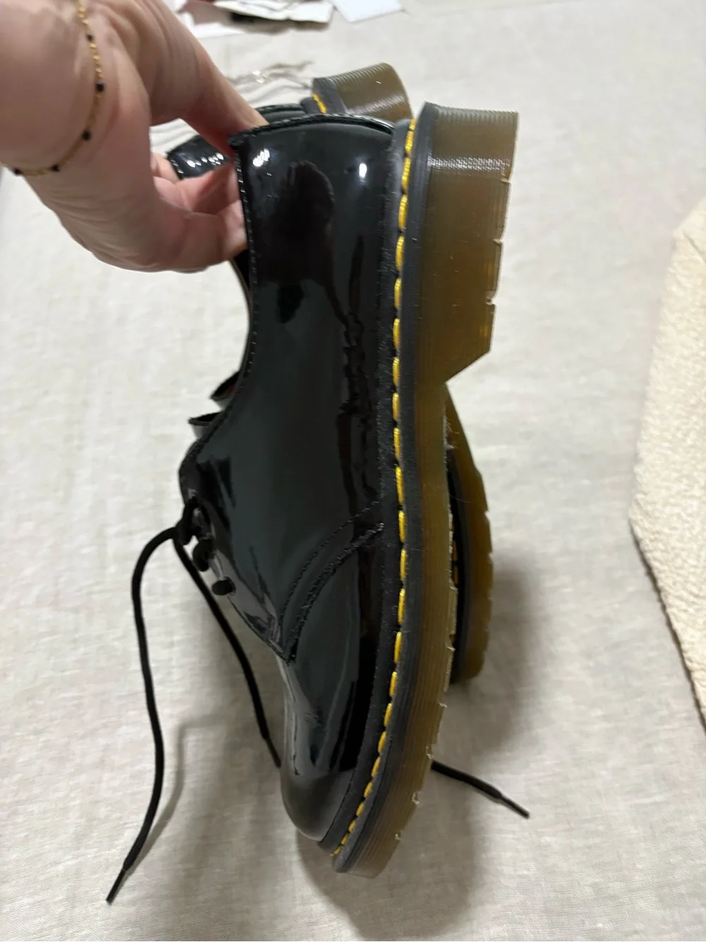 Dr. Martens Black Patent 3-Eye Derby Shoes with Yellow Stitching